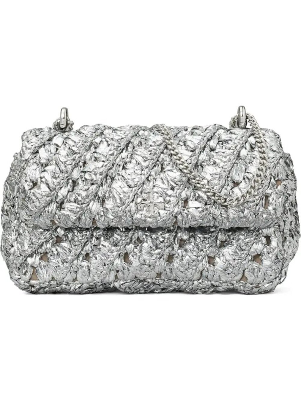 NWT Tory Burch Kira Woven Metallic Silver Leather Crossbody Shoulder Bag